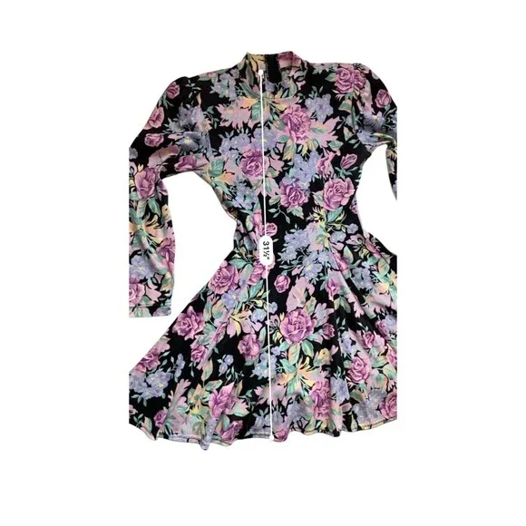 Vintage Floral Skater Dress‎ Size S Cottagecore 80s Shoulder Pads CFTC Sport USA - Picture 11 of 12
